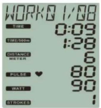 WORK 1:00 TIME 0:09 TIME/500m 1:28 DISTANCE METER 6 PULSE ♥ 80 WATT 90 STROKES