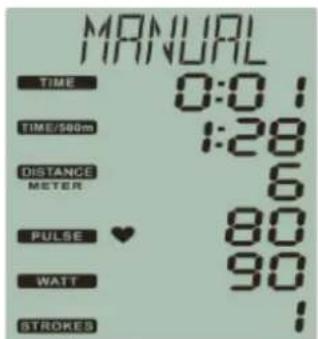 MANUAL TIME 0:01 TIME/500m 1:28 DISTANCE 6 METER PULSE ♥ 80 WATT 90 STROKES