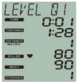 LEVEL 01 TIME 0:0 TIME/500m 1:28 DISTANCE METER PULSE ♥ 80 WATT 90 STROKES