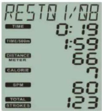 RESTO 1/08 TIME 0: 19 TIME/500m 1:59 DISTANCE 66 METER CALORIE 7 SPM 60 TOTAL 123 STROKES