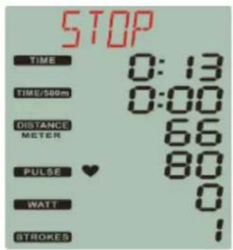 STOP TIME 0:13 TIME/500m 0:00 DISTANCE 66 METER 80 PULSE ♥ WATT 0 STROKES