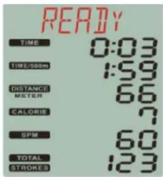READY TIME 0:03 TIME/500m 1:59 DISTANCE 66 METER CALORIE 7 SPM 60 TOTAL 123 STROKES
