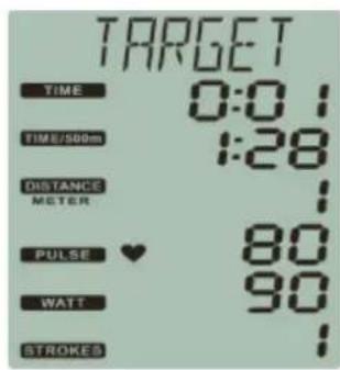 TARGET TIME 0:01 TIME/500m 1:28 DISTANCE METER PULSE ♥ 80 WATT 90 STROKES