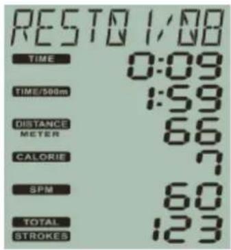 RESTO 1/08 TIME 0:09 TIME/500m 1:59 DISTANCE 66 METER CALORIE 7 SPM 60 TOTAL 123 STROKES