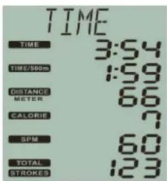 TIME TIME 3:54 TIME/500m 1:59 DISTANCE 66 METER CALORIE 7 SPM 60 TOTAL 123 STROKES
