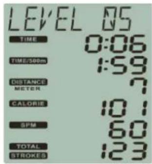 LEVEL 05 TIME 0:06 TIME/500m 1:59 DISTANCE 7 METER CALORIES 10.1 SPM 60 TOTAL 123 STROKES