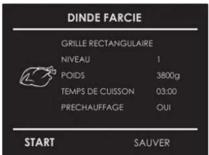 DINDE FARCIE GRILLE RECTANGULAIRE NIVEAU 1 POIDS 3800g TEMPS DE CUISSON 03:00 PRECHAUFFAGE OUI START SAUVER