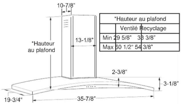 *Hauteur au plafond 10-7/8" 13-1/8" *Hauteur au plafond 2-3/8" 35-7/8" 19-3/4" 3-1/8" *Hauteur au plafond Ventilé Recyclage Min 29 5/8" 33 3/8" Max 50 1/2" 54 3/8"