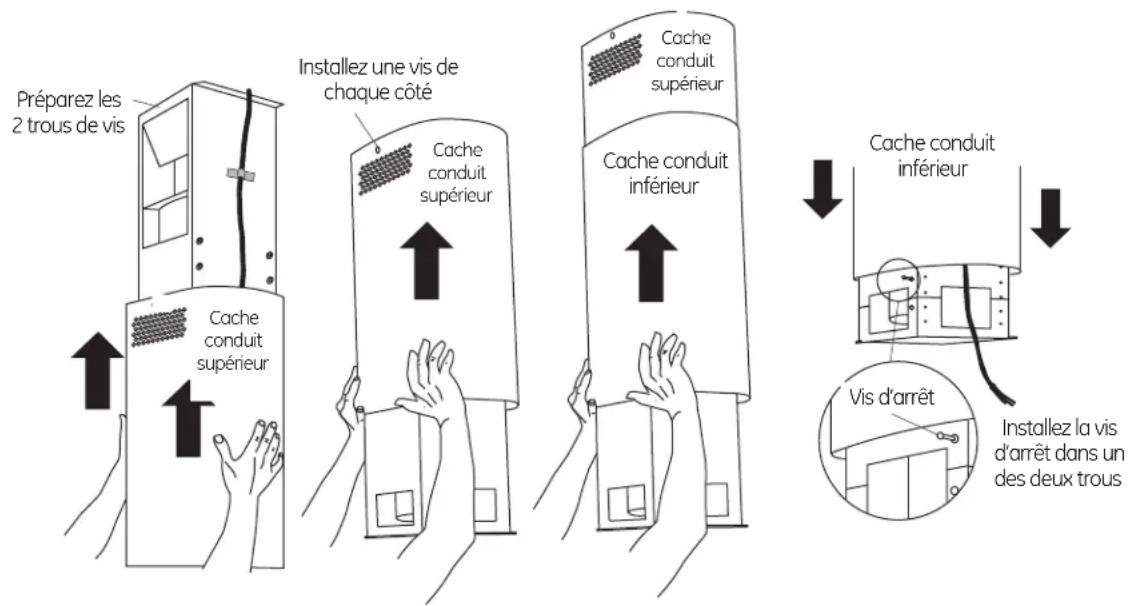 Préparez les 2 trous de vis Cache conduit supérieur Installez une vis de chaque côté Cache conduit supérieur Cache conduit inférieur Cache conduit supérieur Cache conduit inférieur Vis d'arrêt Installez la vis d'arrêt dans un des deux trous
