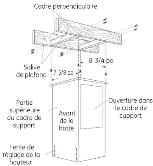 Cadre perpendiculaire Solive de plafond 7-5/8 po 8-3/4 po Partie supérieure du cadre de support Avant de la hotte Fente de réglage de la hauteur Ouverture dans le cadre de support