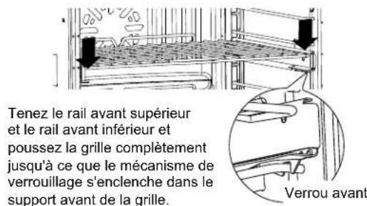 Tenez le rail avant supérieur et le rail avant inférieur et poussez la grille complètement jusqu'à ce que le mécanisme de verrouillage s'enclenche dans le support avant de la grille. Verrou avant