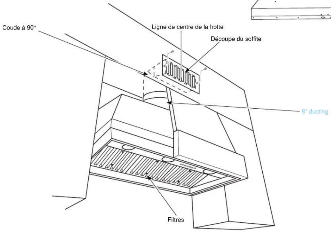 Coude à 90° Ligne de centre de la hotte Découpe du soffite 8" ducting Filtres