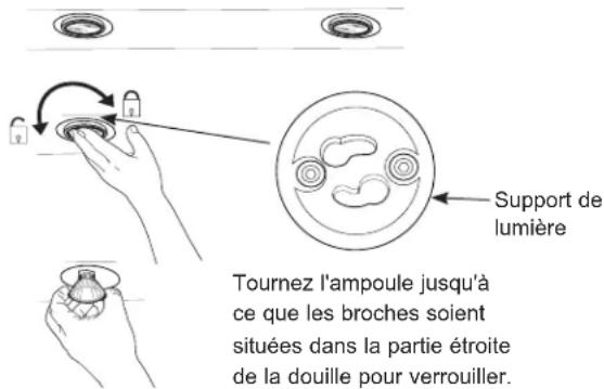 Tournez l'ampoule jusqu'à ce que les broches soient situées dans la partie étroite de la douille pour verrouiller. Support de lumière