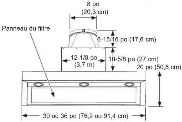 8 po (20,3 cm) 6-15/16 po (17,6 cm) 12-1/8 po (3,7 m) 10-5/8 po (27 cm) 20 po (50,8 cm) 30 ou 36 po (76,2 ou 91,4 cm) Panneau du filtre