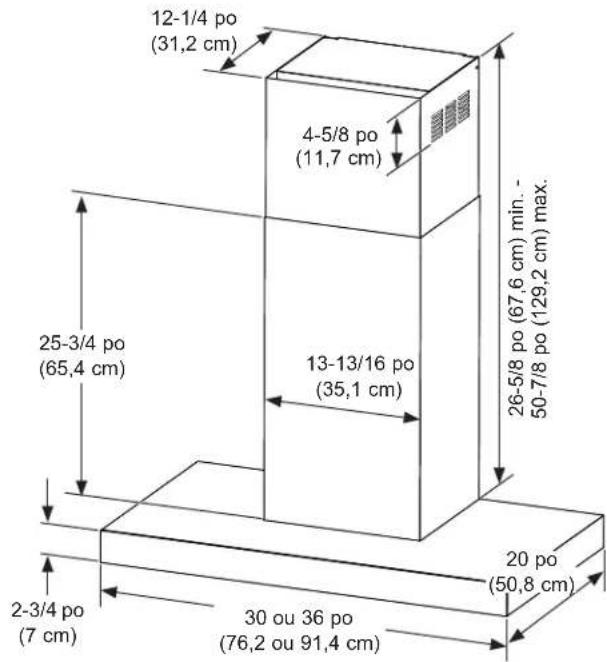 12-1/4 po (31,2 cm) 4-5/8 po (11,7 cm) 25-3/4 po (65,4 cm) 13-13/16 po (35,1 cm) 20 po (50,8 cm) 2-3/4 po (7 cm) 30 ou 36 po (76,2 ou 91,4 cm) 26-5/8 po (67,6 cm) min. - 50-7/8 po (129,2 cm) max.