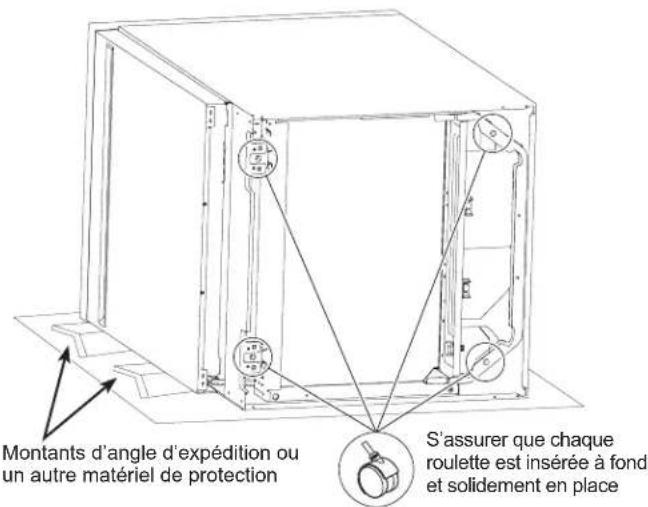 Montants d'angle d'expédition ou un autre matériel de protection S'assurer que chaque roulette est insérée à fond et solidement en place