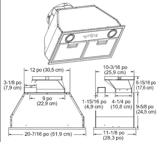 12 po (30,5 cm) 3-1/8 po (7,9 cm) 9 po (22,9 cm) 20-7/16 po (51,9 cm) 10-3/16 po (25,9 cm) 6-15/16 po (17,6 cm) 1-15/16 po (4,9 cm) 4-1/4 po (10,8 cm) 9-5/8 po (24,5 cm) 11-1/8 po (28,3 po)