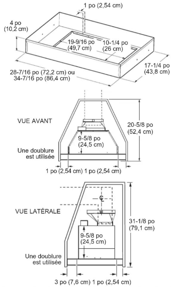 1 po (2,54 cm) 4 po (10,2 cm) 19-9/16 po (49,7 cm) 10-1/4 po (26 cm) 17-1/4 po (43,8 cm) 28-7/16 po (72,2 cm) ou 34-7/16 po (86,4 cm) VUE AVANT 20-5/8 po (52,4 cm) Une doublure est utilisée 9-5/8 po (24,5 cm) 1 po (2,54 cm) 1 po (2,54 cm) VUE LATÉRALE 31-1/8 po (79,1 cm) 9-5/8 po (24,5 cm) Une doublure est utilisée 3 po (7,6 cm) 1 po (2,54 cm)