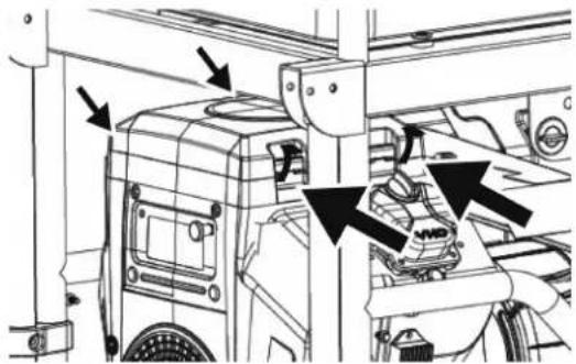 Technical diagram of a truck assembly with directional arrows indicating components and parts
