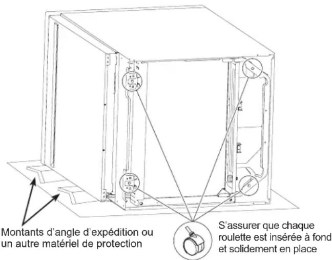 Montants d'angle d'expédition ou un autre matériel de protection S'assurer que chaque roulette est insérée à fond et solidement en place