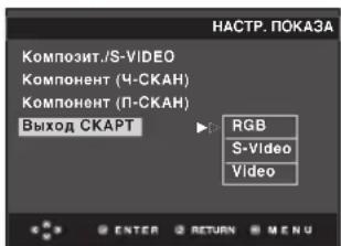 НАСТР. ПОКАЗА Композит./S-VIDEO Компонент (Ч-СКАН) Компонент (Л-СКАН) Выход СКАРТ RGB S-Video Video ENTER 返回 MENU