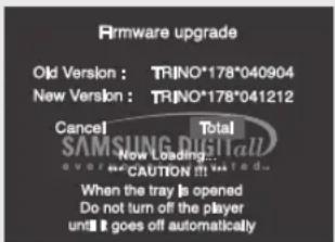 Rimware upgrade Old Version : TRINO*178*040904 New Version : TRINO*178*041212 Cancel Total SAMSUNG DIGITAL Now Loading... over any CAUTION !!! started... When the tray is opened Do not turn off the player until it goes off automatically