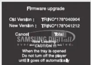 Firmware upgrade Old Version : TRINO*178*040904 New Version : TRINO*178*041212 Cancel Total SAMSUNG DIGITALI Now Loading... Over the CAUTION in this When the tray is opened Do not turn off the player until it goes off automatically