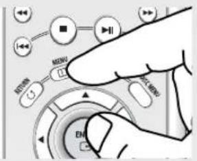Hand operating a device control panel with labeled buttons and directional arrows indicating action