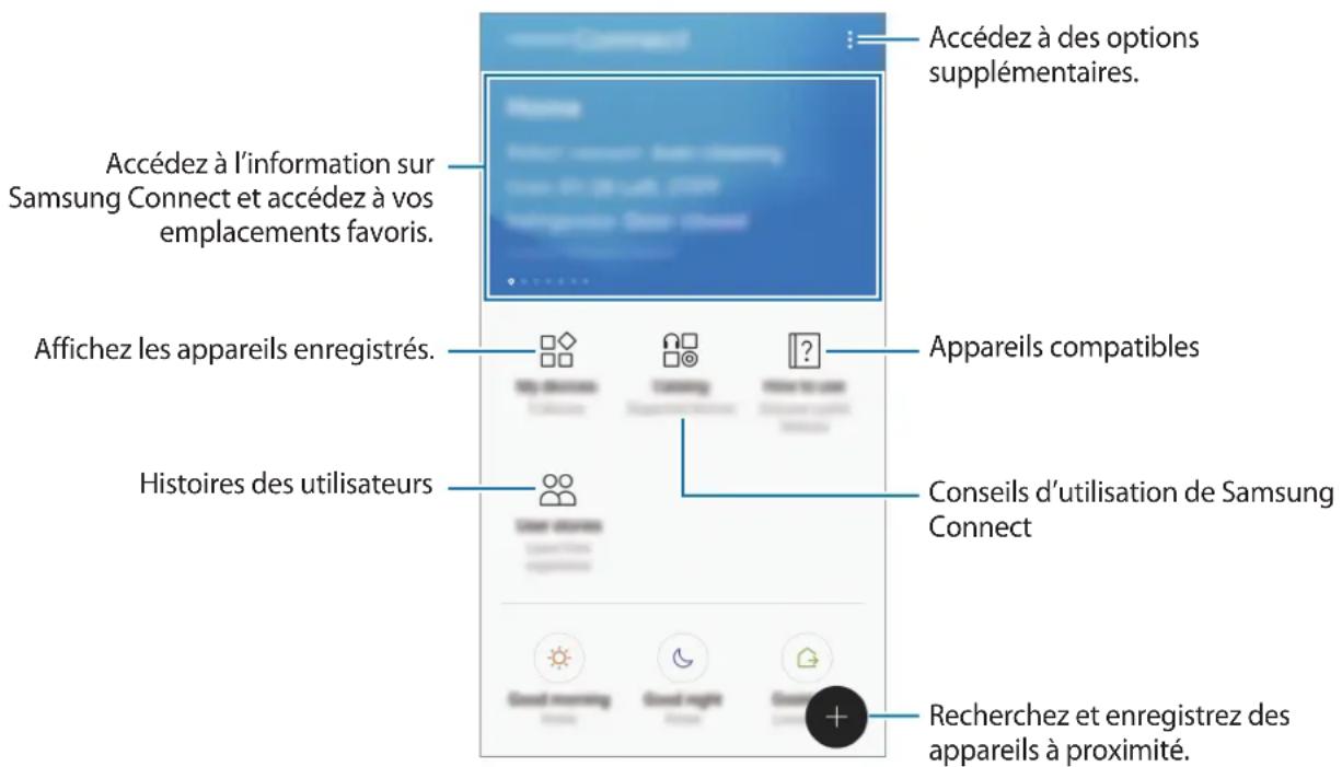 Accédez à des options supplémentaires. Accédez à l'information sur Samsung Connect et accédez à vos emplacements favoris. Affichez les appareils enregistrés. Histoires des utilisateurs Appareils compatibles Conseils d'utilisation de Samsung Connect Recherchez et enregistrez des appareils à proximité.