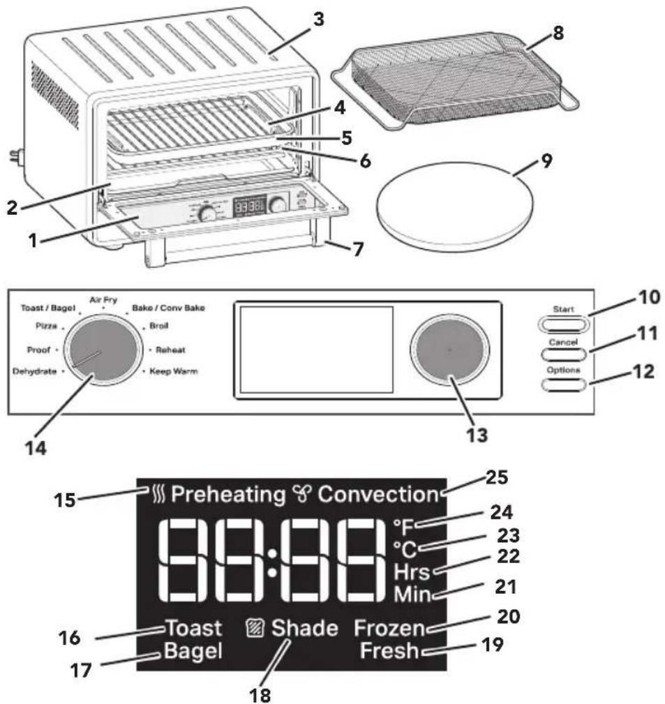 3 4 5 6 7 8 9 10 11 12 13 14 Toast / Bagel Air Fry Bake / Conv Bake Pizza Broil Proof Reheat Dehydrate Keep Warm Start Cancel Options 15 Preheating Convection 25 89:88 °F 24 23 22 21 20 16 Toast Shade Frozen 17 Bagel Fresh 18