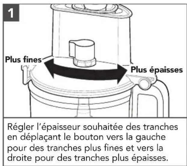 1 Plus fines Plus épaisses Régler l'épaisseur souhaitée des tranches en déplaçant le bouton vers la gauche pour des tranches plus fines et vers la droite pour des tranches plus épaisses.