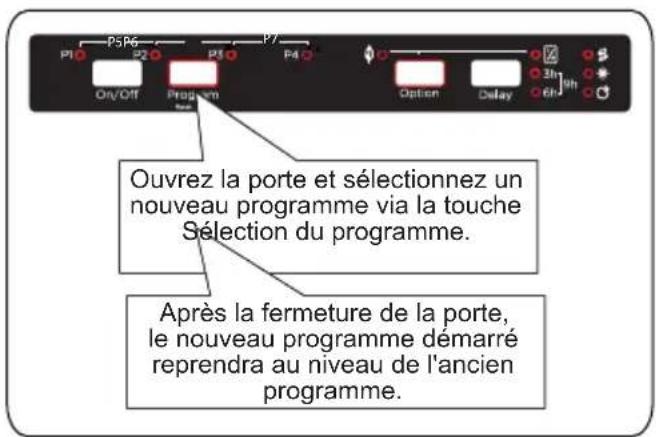 P5P6 P10 P20 P30 P40 On/Off Program Option Delay Ouvrez la porte et sélectionnez un nouveau programme via la touche Sélection du programme. Après la fermeture de la porte, le nouveau programme démarré reprendra au niveau de l'ancien programme.