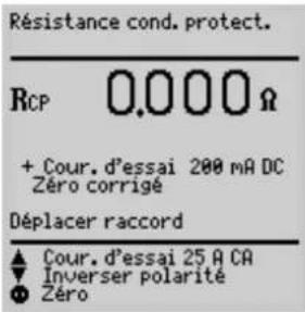 Résistance cond. protect. RCP 0.000 Ω + Cour. d'essai 200 mA DC Zéro corrigé Déplacer raccord ▲ Cour. d'essai 25 A CA ▼ Inverser polarité ● Zéro