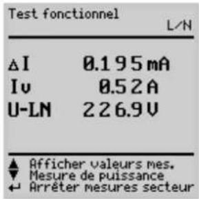 Test fonctionnel L/N ΔI 0.195 mA Iv 0.52 A U-LN 226.9 V ▲ Afficher valeurs mes. ▼ Mesure de puissance ← Arrêter mesures secteur