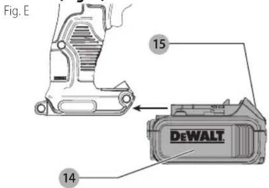 DEWALT DCE570 - Cómo instalar y retirar la unidad de batería (Fig. E) - 1