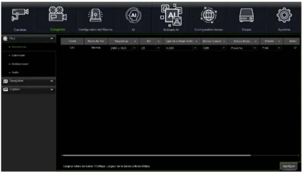 Cométrie Dingester Configuration de l'Alarme AI Sématique AI Configuration réseau Disque Systeme Flux Comel Mode de Flux Resolution Max Type de collage outlet Betrata Control Betrata Mode Binary Auto - Massstream CAI Normal 2860 x 1629 25 H.205 CBR Prakifex T-169 - Substream - Mobilstream - Audio Dingester Capture Largeur latère de bande 112Mbps, Largeur de la bande utilise 5Mbps Appliquer
