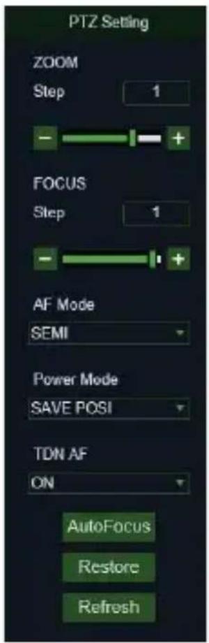 PTZ Setting ZOOM Step 1 - + FOCUS Step 1 - + AF Mode SEMI Power Mode SAVE POSI TDN AF ON AutoFocus Restore Refresh