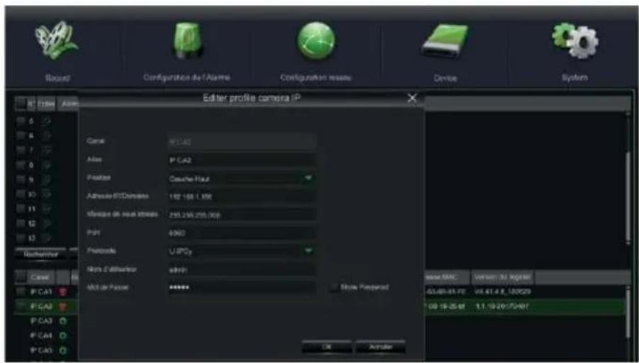 Recorder Configuration de l'Alarme Configuration resets Device System Editor profile camera IP Canal PC-A2 Atlas PC-A2 Protactor Cassier-Haut Admissant/STDomaine 192 168.1,456 Monique de vuit d'Inkurs 265.250.255.368 Port 6960 Protacto UJPOy Notes d'Inkurser admin Mol de Passer ****** Show Personal Base SMC Version: 33 InjgM -03-00-01-27 04.41.4.8_100029 *09-19-25-07 $1.19-20/70-407 OK Adder