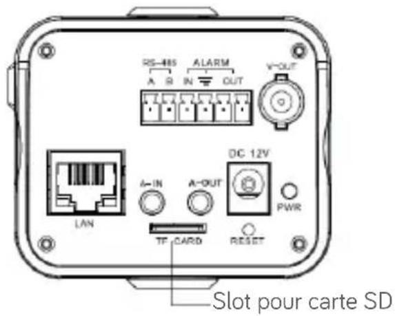 RS-485 A IN ALARM OUT V-OUT LAN A-IN A-OUT DC 12V PWR TF CARD RESET Slot pour carte SD