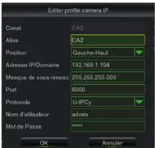 Editor profile camera IP Canal CA2 Alias CA2 Position Gauche-Haut Adresse IP/Domaine 192.168.1.194 Masque de sous réseau 255.255.255.000 Port 6060 Protocole U-IPCy Nom d'utilisateur admin Mot de Passe **** OK Annuler
