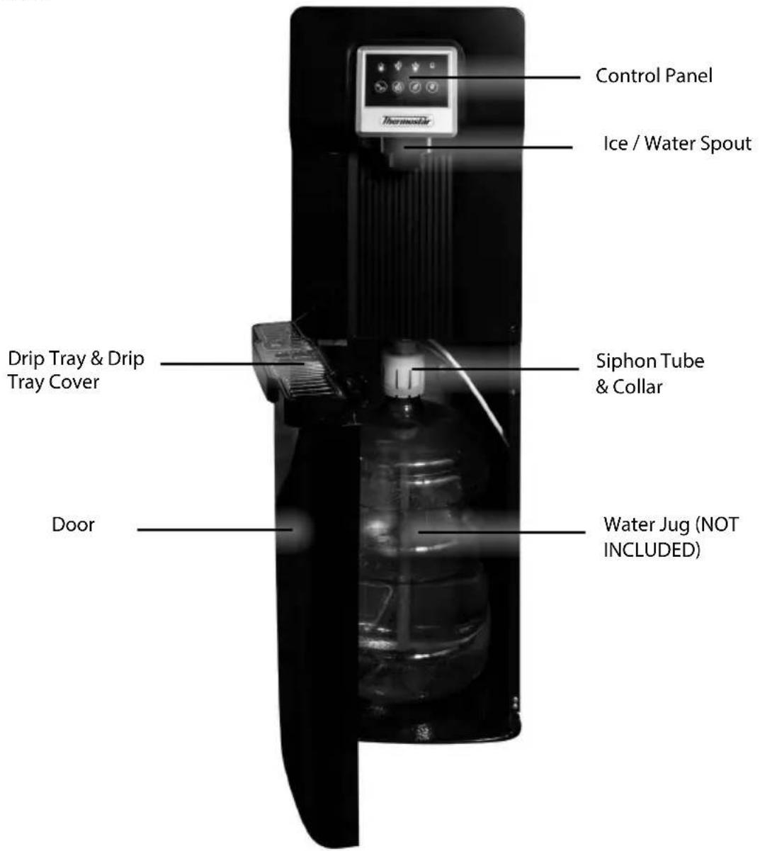 Control Panel Ice / Water Spout Drip Tray & Drip Tray Cover Siphon Tube & Collar Door Water Jug (NOT INCLUDED)