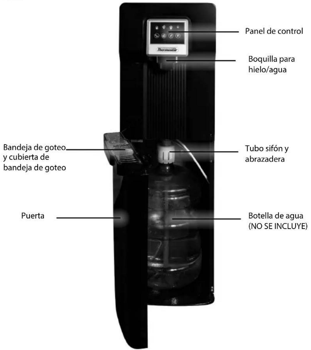 Panel de control Boquilla para hielo/agua Tubo sifón y abrazadera Bandeja de goteo y cubierta de bandeja de goteo Puerta Botella de agua (NO SE INCLUYE)