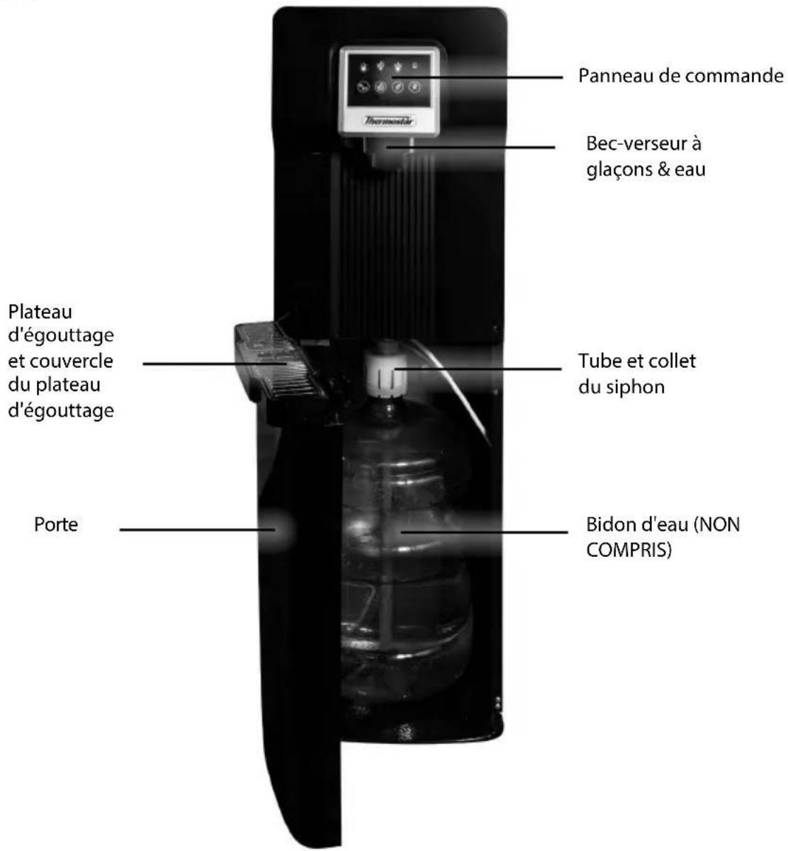 Panneau de commande Bec-verseur à glaçons & eau Plateau d'égoutage et couvercle du plateau d'égoutage Tube et collet du siphon Porte Bidon d'eau (NON COMPRIS)