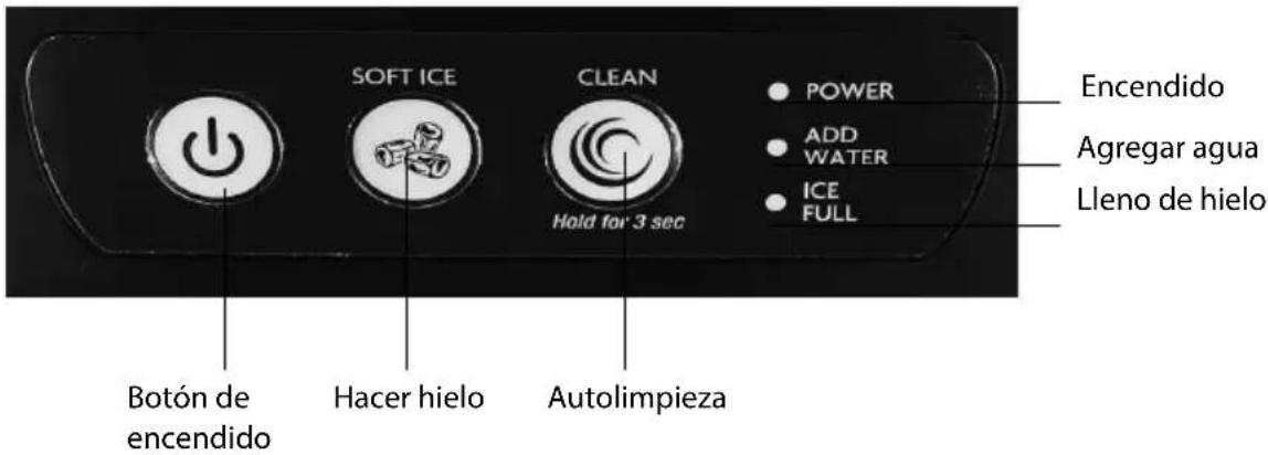 Soft ICE CLEAN POWER ADD WATER ICE FULL Hacer hielo Hold for 3 sec Botón de encendido Autolimpieza Encendido Agregar agua Lleno de hielo