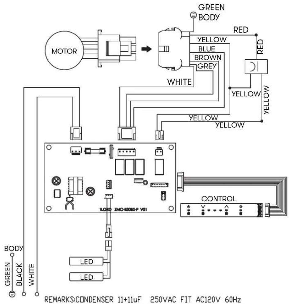 GREEN BODY MOTOR YELLOW BLUE BROWN GREY WHITE RED RED YELLOW YELLOW YELLOW YELLOW T.LORD ZMO-ES085-P V01 CONTROL BODY BLACK WHITE REMARKS:CONDENSER 11+11uF 250VAC FIT AC120V 60Hz
