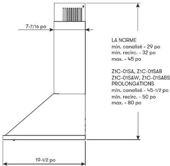 7-7/16 po LA NORME min. canalisé - 29 po min. recirc. - 32 po max. - 45 po Z1C-01SA, Z1C-01SAB Z1C-01SAW, Z1C-01SABS PROLONGATIONS min. canalisé - 45-1/2 po min. recirc. - 50 po max. - 80 po 19-1/2 po
