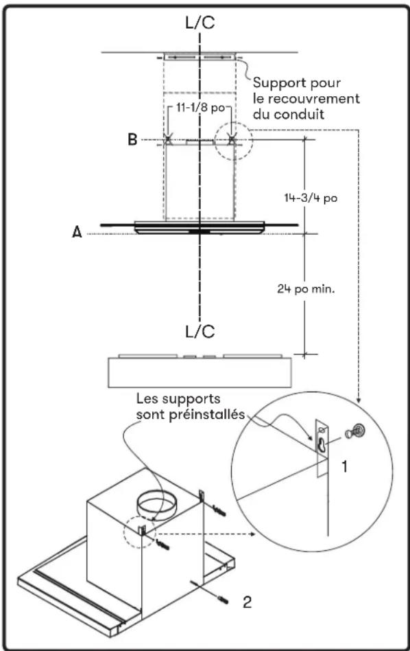 L/C 11-1/8 po Support pour le recouvrement du conduit B 14-3/4 po 24 po min. A L/C Les supports sont préinstallés 1 2