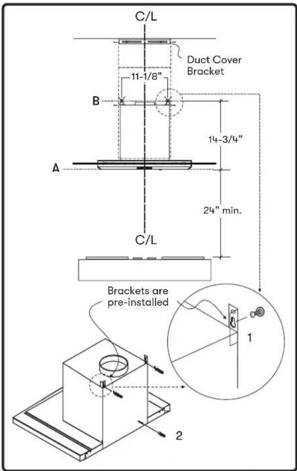 C/L 11-1/8" Duct Cover Bracket B 14-3/4" 24" min. A C/L Brackets are pre-installed 1 2