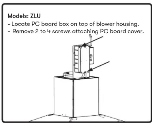 Models: ZLU - Locate PC board box on top of blower housing. - Remove 2 to 4 screws attaching PC board cover.