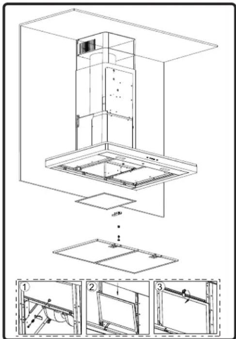 Technical diagram showing a multi-step assembly of an air duct system with labeled components and exploded views.
